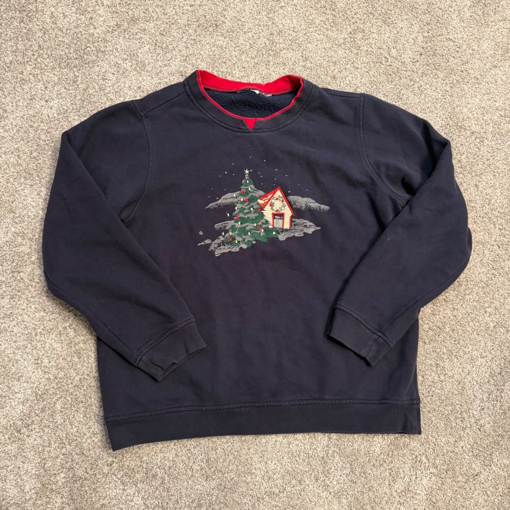 Vintage Navy Blue Christmas Embroidered Sweatshirt Holiday Tree Cottage L